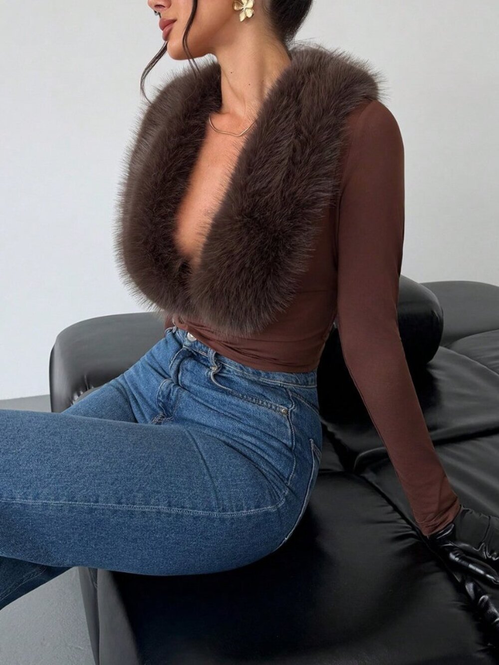 Brown Women's Elegant Deep V-Neck Fitted Long Sleeve Faux Fur Top